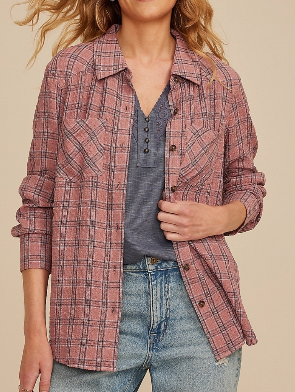 Maurices Pucker Plaid Button Down Shirt Size Xsmall